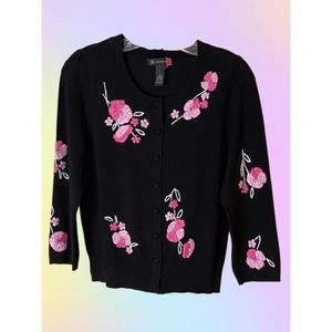 INC International Concepts Black Embroidered Cardigan Sweater